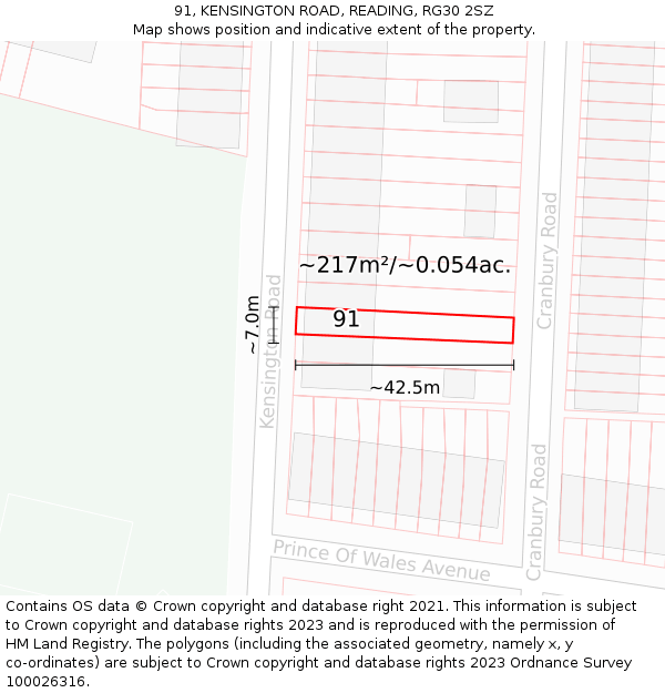 91, KENSINGTON ROAD, READING, RG30 2SZ: Plot and title map