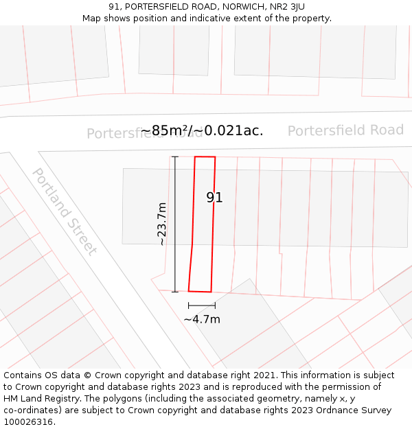 91, PORTERSFIELD ROAD, NORWICH, NR2 3JU: Plot and title map