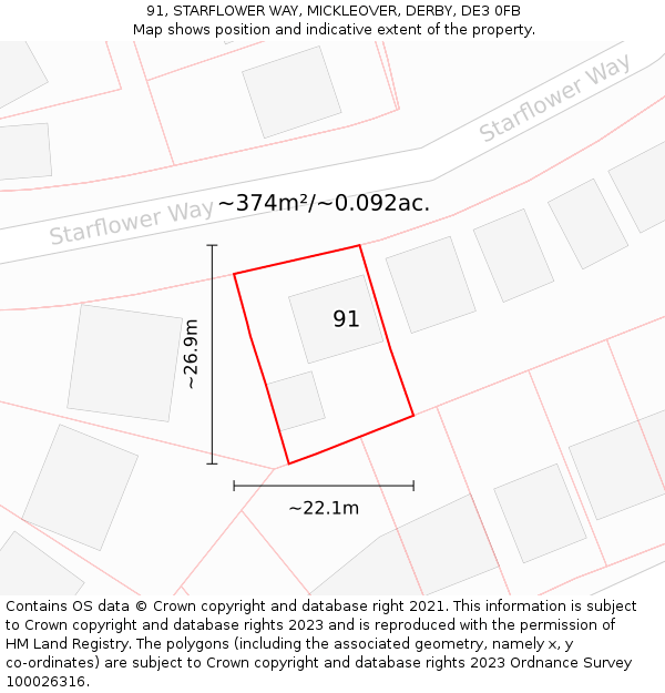 91, STARFLOWER WAY, MICKLEOVER, DERBY, DE3 0FB: Plot and title map