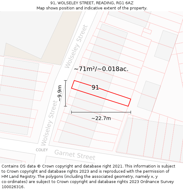 91, WOLSELEY STREET, READING, RG1 6AZ: Plot and title map
