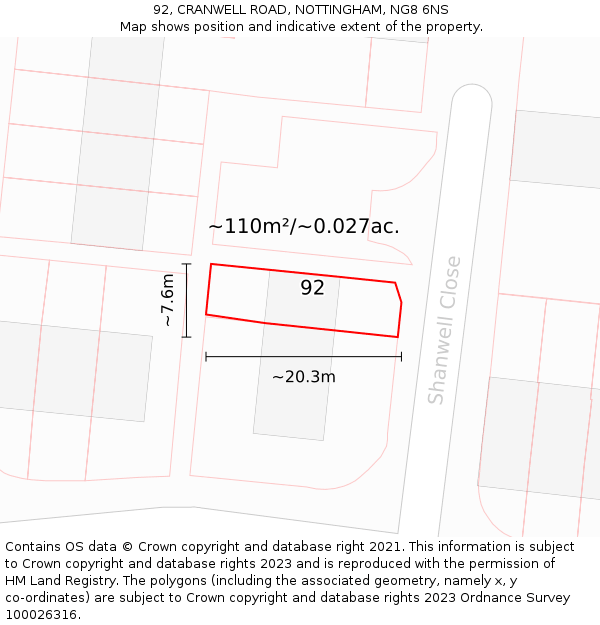 92, CRANWELL ROAD, NOTTINGHAM, NG8 6NS: Plot and title map