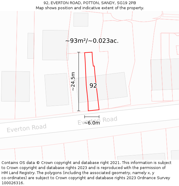 92, EVERTON ROAD, POTTON, SANDY, SG19 2PB: Plot and title map