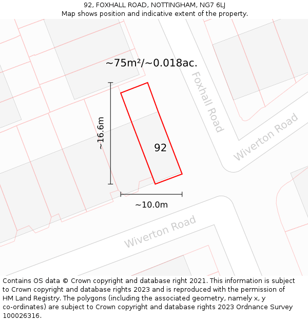 92, FOXHALL ROAD, NOTTINGHAM, NG7 6LJ: Plot and title map