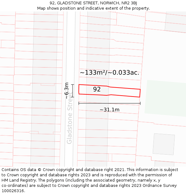 92, GLADSTONE STREET, NORWICH, NR2 3BJ: Plot and title map