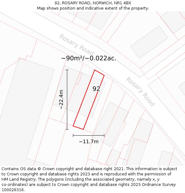 92, ROSARY ROAD, NORWICH, NR1 4BX: Plot and title map
