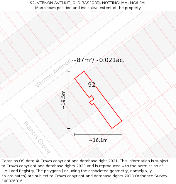 92, VERNON AVENUE, OLD BASFORD, NOTTINGHAM, NG6 0AL: Plot and title map