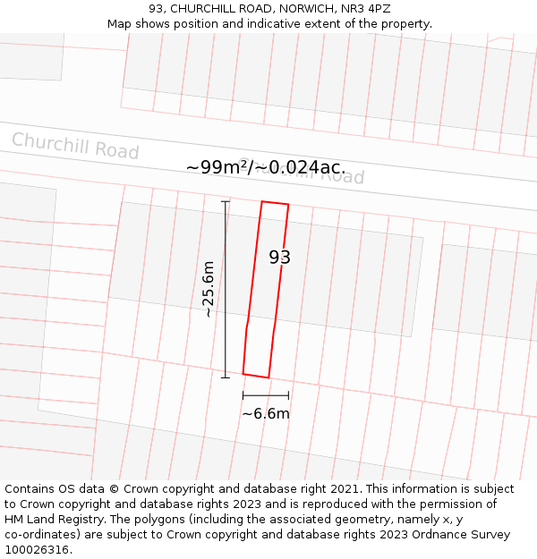 93, CHURCHILL ROAD, NORWICH, NR3 4PZ: Plot and title map