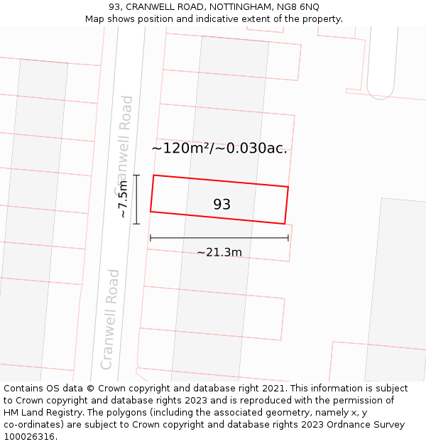 93, CRANWELL ROAD, NOTTINGHAM, NG8 6NQ: Plot and title map