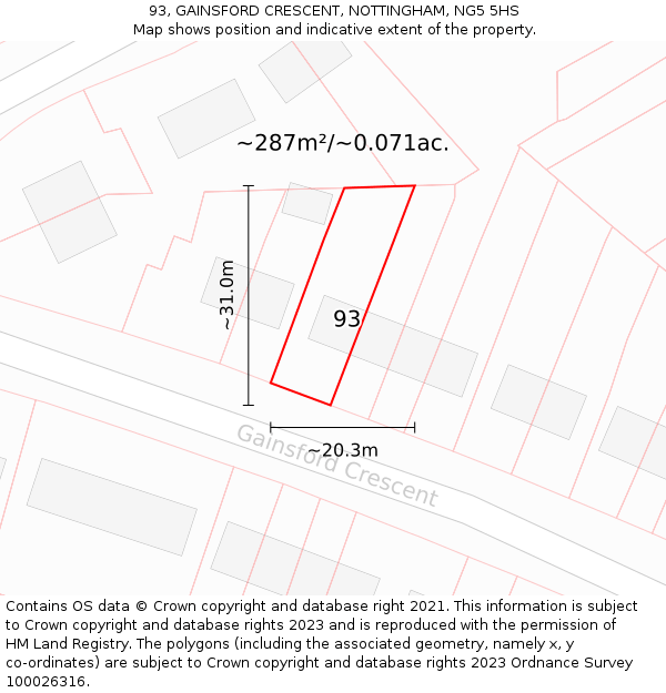 93, GAINSFORD CRESCENT, NOTTINGHAM, NG5 5HS: Plot and title map