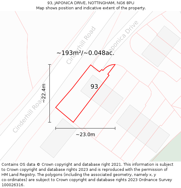 93, JAPONICA DRIVE, NOTTINGHAM, NG6 8PU: Plot and title map