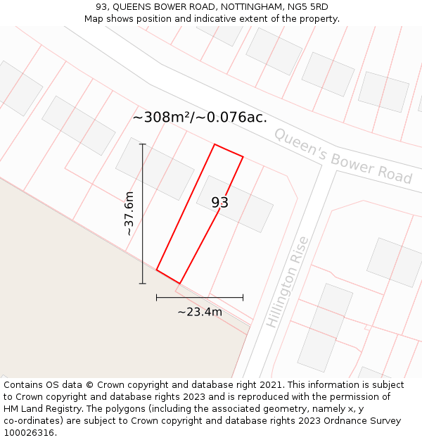 93, QUEENS BOWER ROAD, NOTTINGHAM, NG5 5RD: Plot and title map