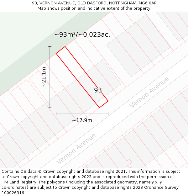 93, VERNON AVENUE, OLD BASFORD, NOTTINGHAM, NG6 0AP: Plot and title map