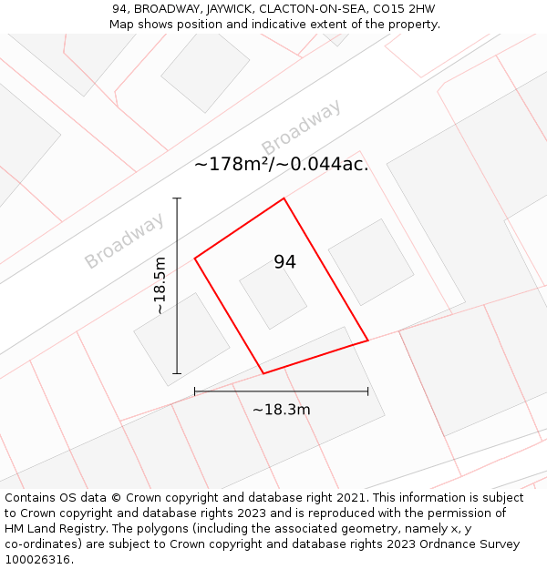 94, BROADWAY, JAYWICK, CLACTON-ON-SEA, CO15 2HW: Plot and title map