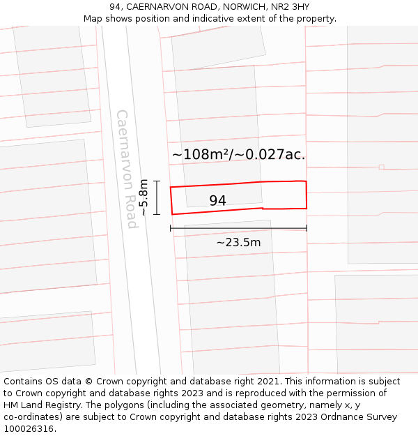94, CAERNARVON ROAD, NORWICH, NR2 3HY: Plot and title map