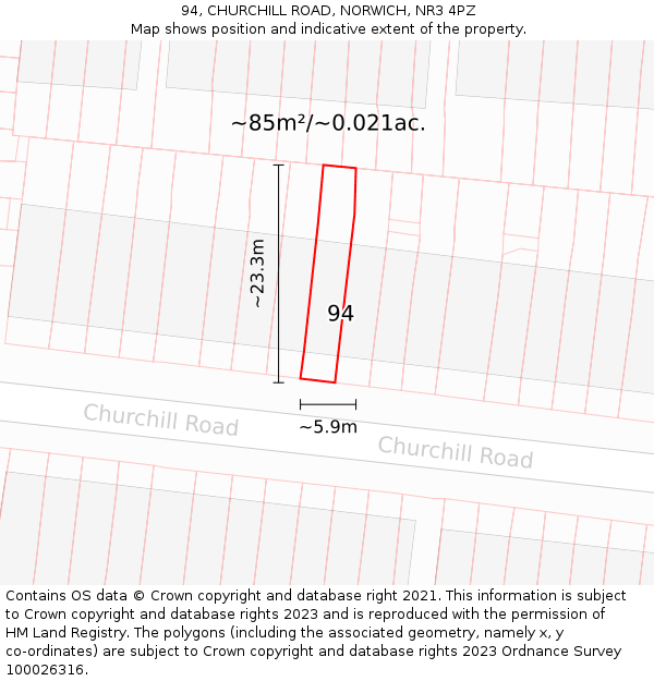 94, CHURCHILL ROAD, NORWICH, NR3 4PZ: Plot and title map