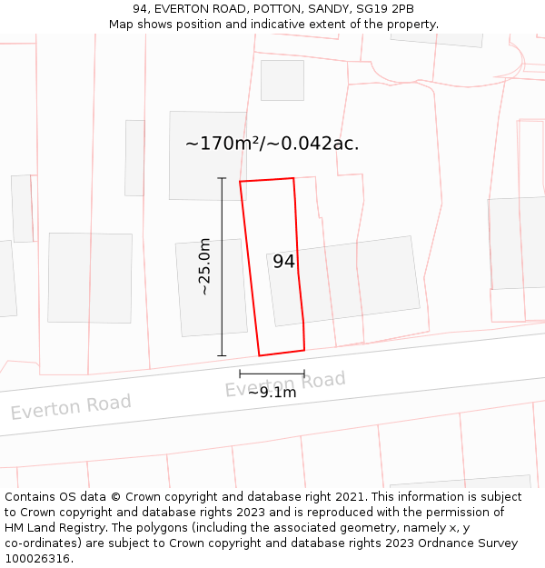 94, EVERTON ROAD, POTTON, SANDY, SG19 2PB: Plot and title map