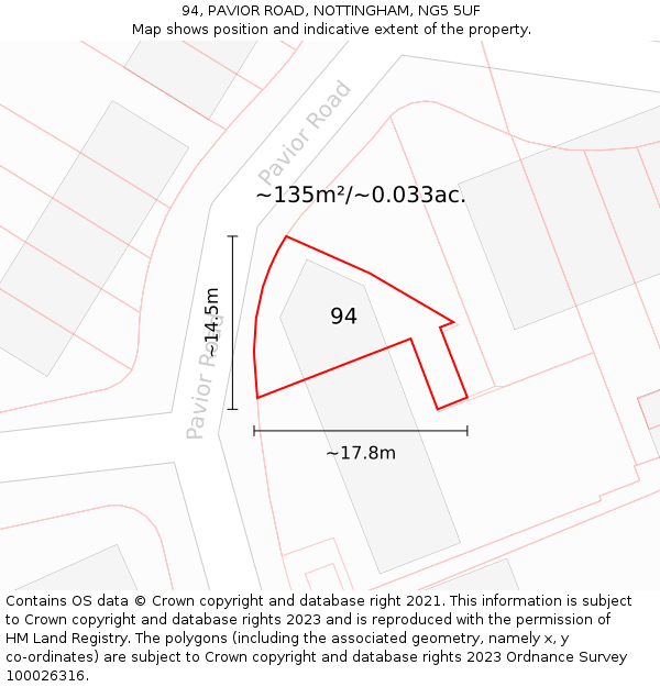 94, PAVIOR ROAD, NOTTINGHAM, NG5 5UF: Plot and title map