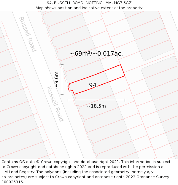 94, RUSSELL ROAD, NOTTINGHAM, NG7 6GZ: Plot and title map