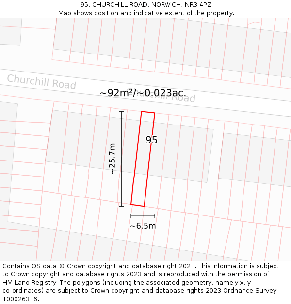 95, CHURCHILL ROAD, NORWICH, NR3 4PZ: Plot and title map