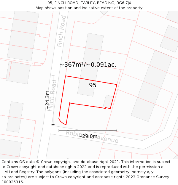95, FINCH ROAD, EARLEY, READING, RG6 7JX: Plot and title map