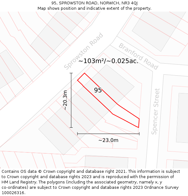 95, SPROWSTON ROAD, NORWICH, NR3 4QJ: Plot and title map