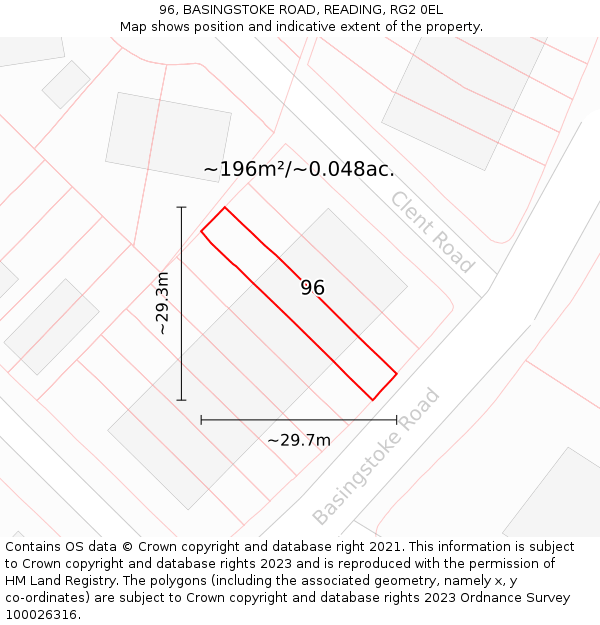 96, BASINGSTOKE ROAD, READING, RG2 0EL: Plot and title map