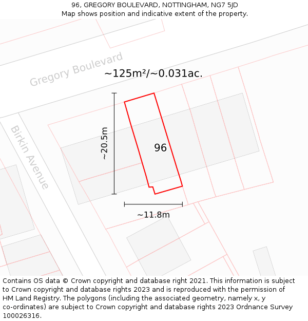96, GREGORY BOULEVARD, NOTTINGHAM, NG7 5JD: Plot and title map