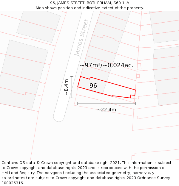96, JAMES STREET, ROTHERHAM, S60 1LA: Plot and title map