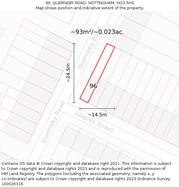96, QUERNEBY ROAD, NOTTINGHAM, NG3 5HS: Plot and title map