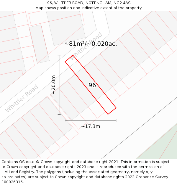 96, WHITTIER ROAD, NOTTINGHAM, NG2 4AS: Plot and title map