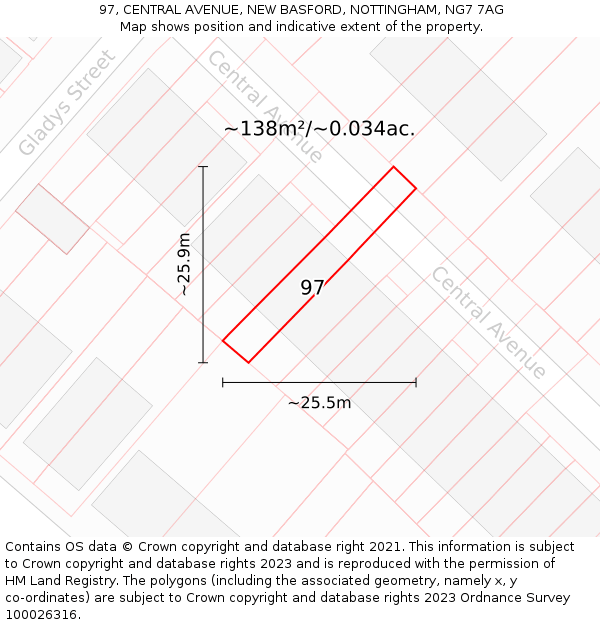 97, CENTRAL AVENUE, NEW BASFORD, NOTTINGHAM, NG7 7AG: Plot and title map
