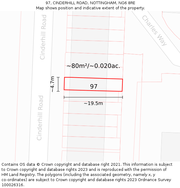 97, CINDERHILL ROAD, NOTTINGHAM, NG6 8RE: Plot and title map