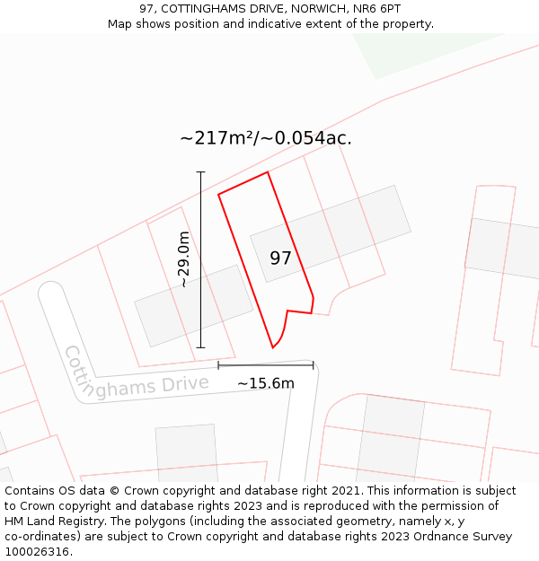 97, COTTINGHAMS DRIVE, NORWICH, NR6 6PT: Plot and title map