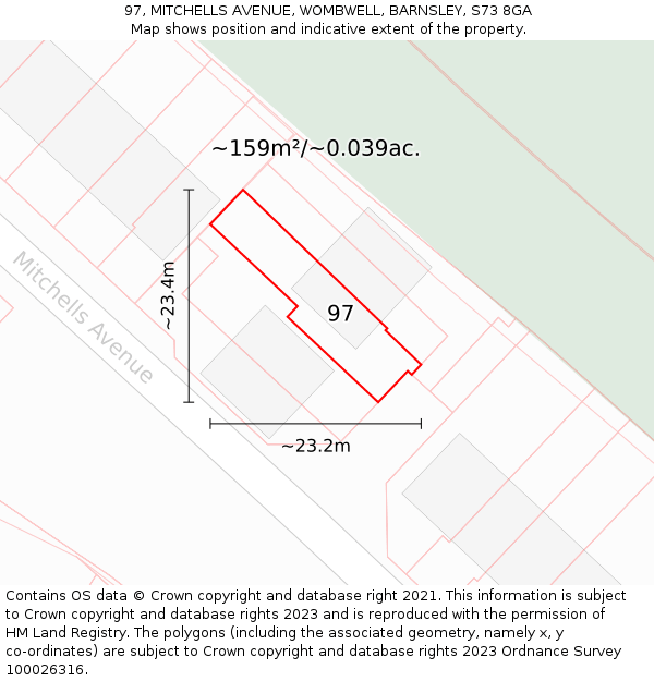 97, MITCHELLS AVENUE, WOMBWELL, BARNSLEY, S73 8GA: Plot and title map