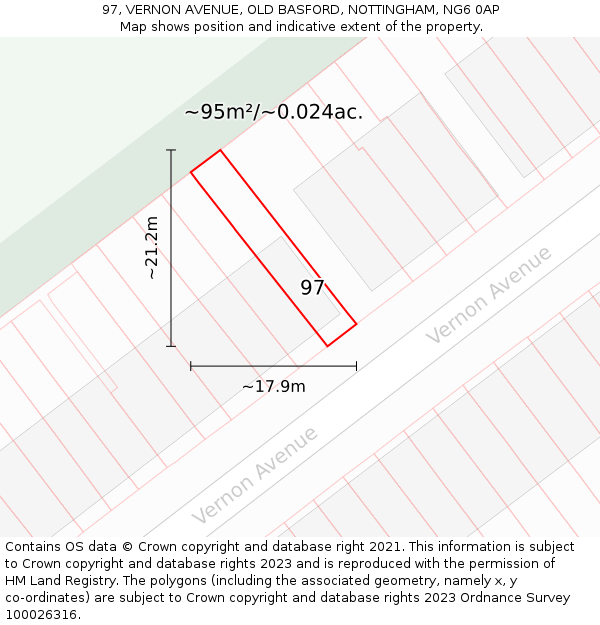 97, VERNON AVENUE, OLD BASFORD, NOTTINGHAM, NG6 0AP: Plot and title map
