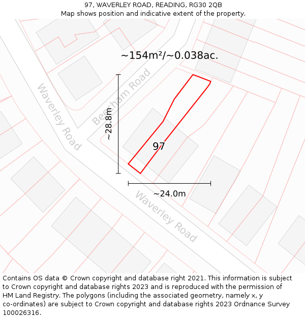 97, WAVERLEY ROAD, READING, RG30 2QB: Plot and title map