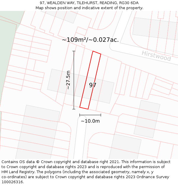 97, WEALDEN WAY, TILEHURST, READING, RG30 6DA: Plot and title map