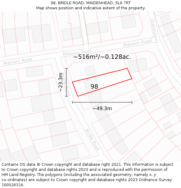 98, BRIDLE ROAD, MAIDENHEAD, SL6 7RT: Plot and title map