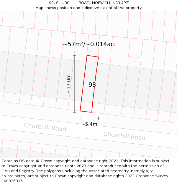 98, CHURCHILL ROAD, NORWICH, NR3 4PZ: Plot and title map