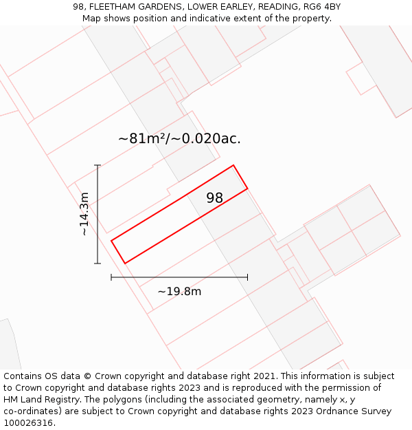 98, FLEETHAM GARDENS, LOWER EARLEY, READING, RG6 4BY: Plot and title map