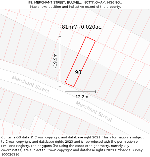 98, MERCHANT STREET, BULWELL, NOTTINGHAM, NG6 8GU: Plot and title map