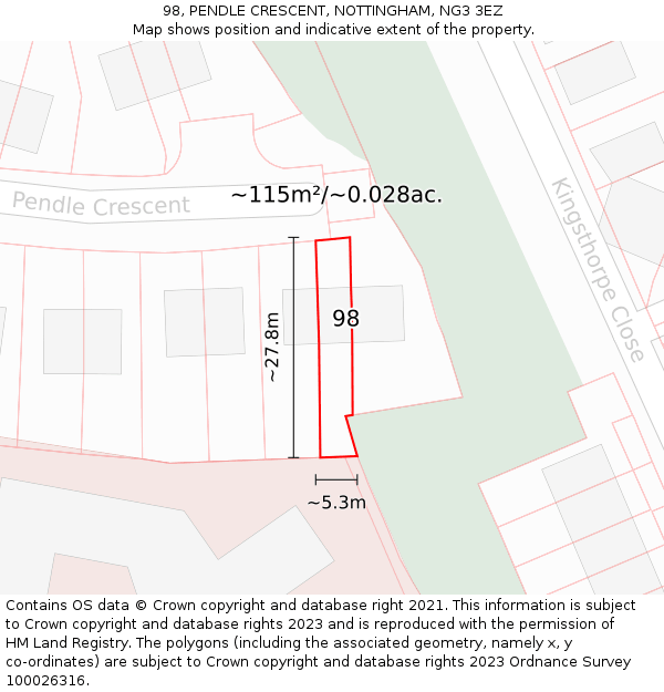 98, PENDLE CRESCENT, NOTTINGHAM, NG3 3EZ: Plot and title map