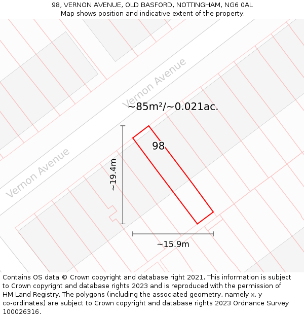 98, VERNON AVENUE, OLD BASFORD, NOTTINGHAM, NG6 0AL: Plot and title map