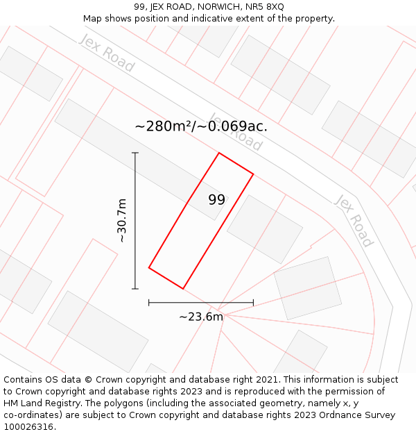 99, JEX ROAD, NORWICH, NR5 8XQ: Plot and title map