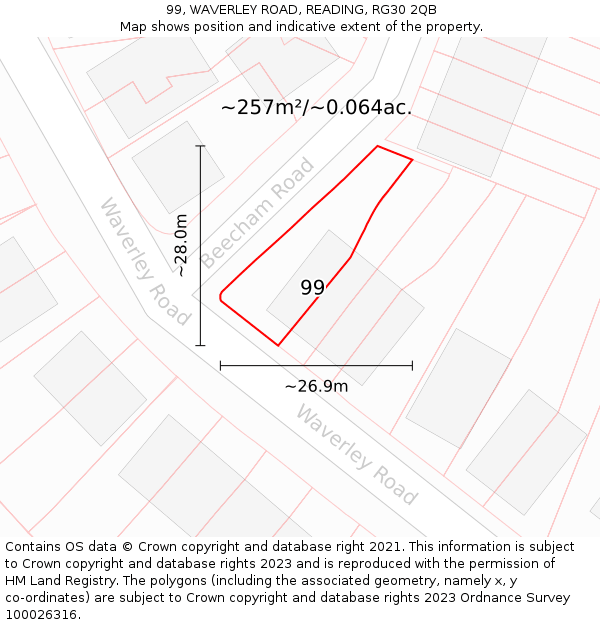99, WAVERLEY ROAD, READING, RG30 2QB: Plot and title map