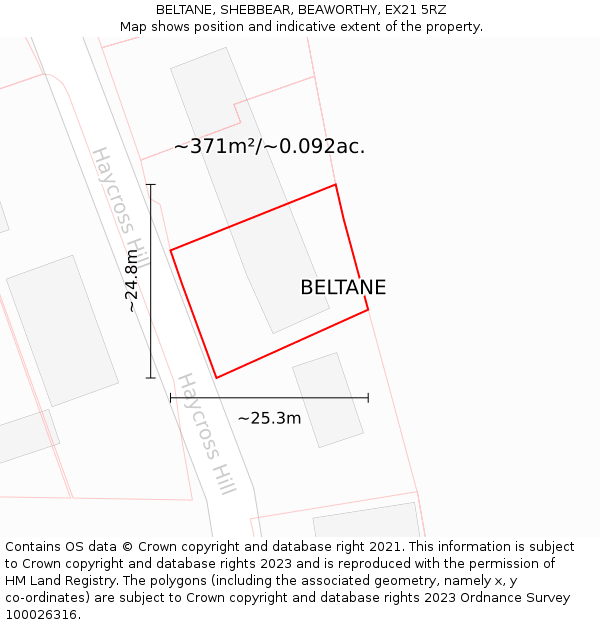 BELTANE, SHEBBEAR, BEAWORTHY, EX21 5RZ: Plot and title map