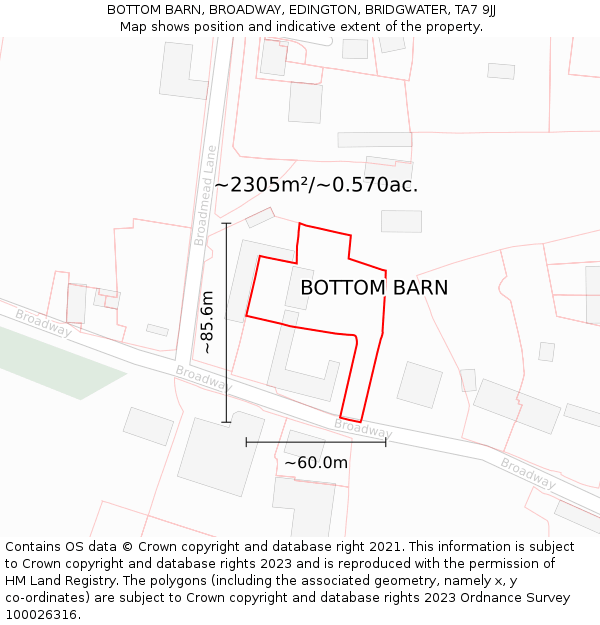 BOTTOM BARN, BROADWAY, EDINGTON, BRIDGWATER, TA7 9JJ: Plot and title map