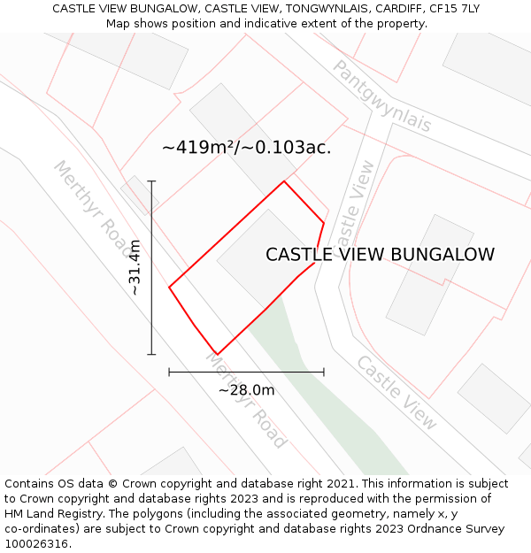 CASTLE VIEW BUNGALOW, CASTLE VIEW, TONGWYNLAIS, CARDIFF, CF15 7LY: Plot and title map