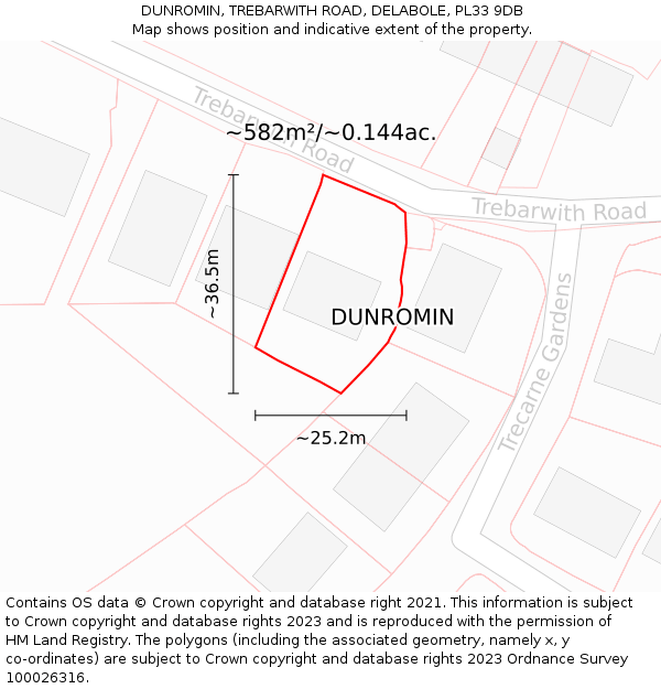 DUNROMIN, TREBARWITH ROAD, DELABOLE, PL33 9DB: Plot and title map