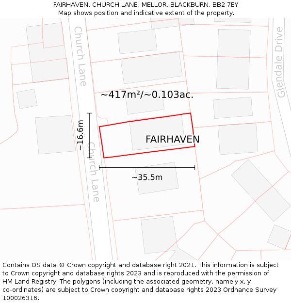 FAIRHAVEN, CHURCH LANE, MELLOR, BLACKBURN, BB2 7EY: Plot and title map